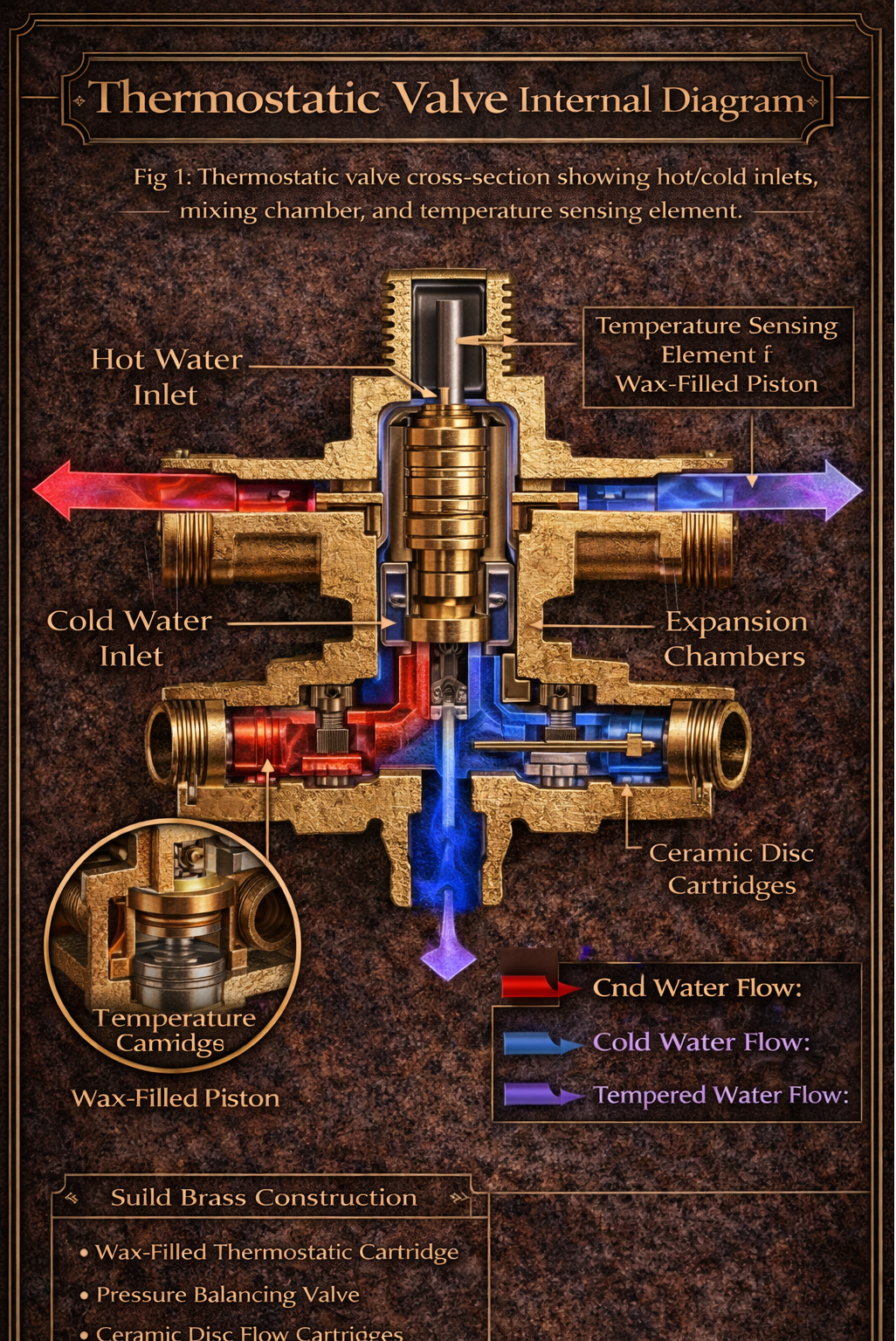 Thermostatic valve internal diagram showing hot/cold inlets and mixing chamber